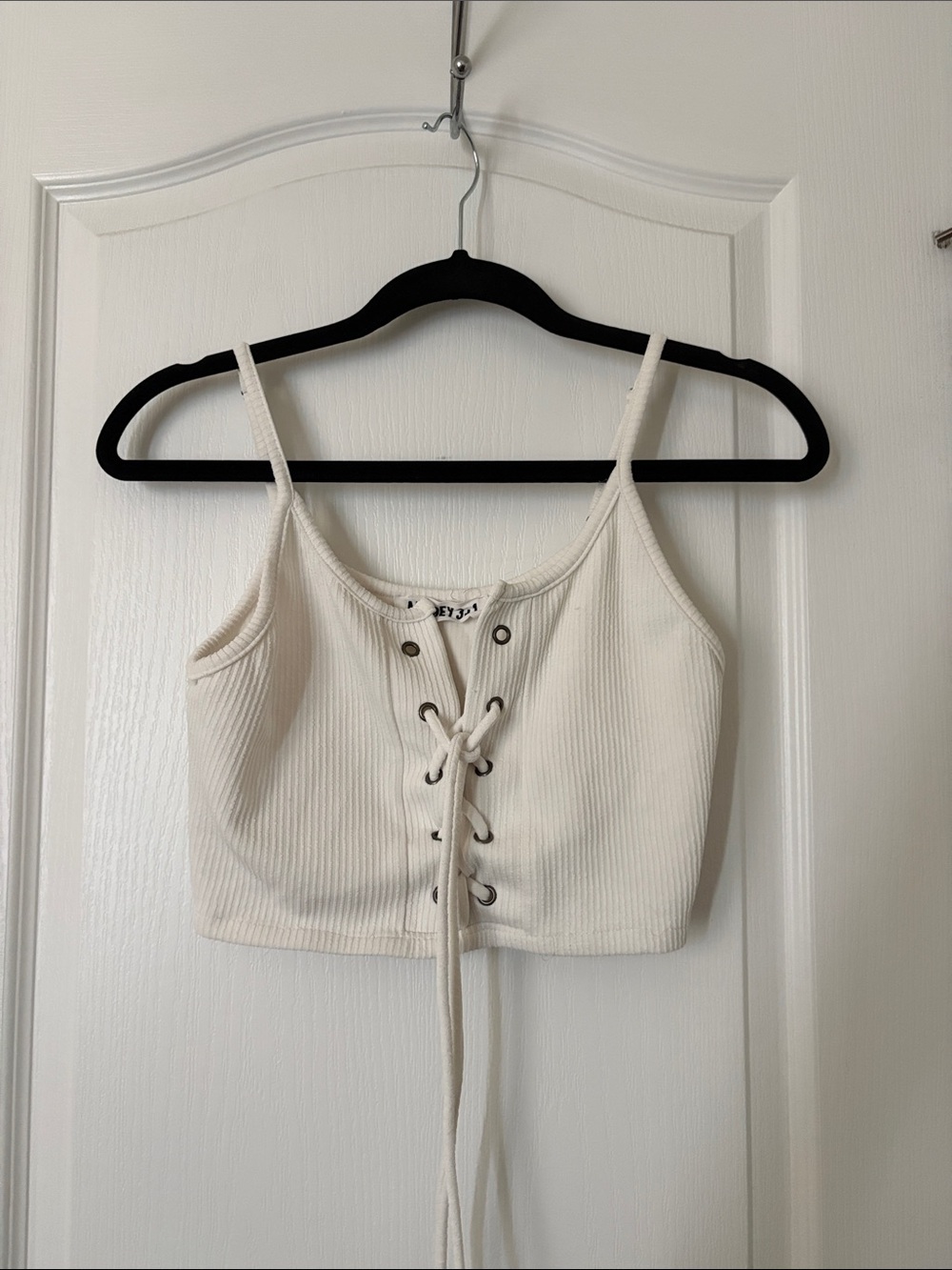 Ribbed Lace-Up Crop Tank Top - White